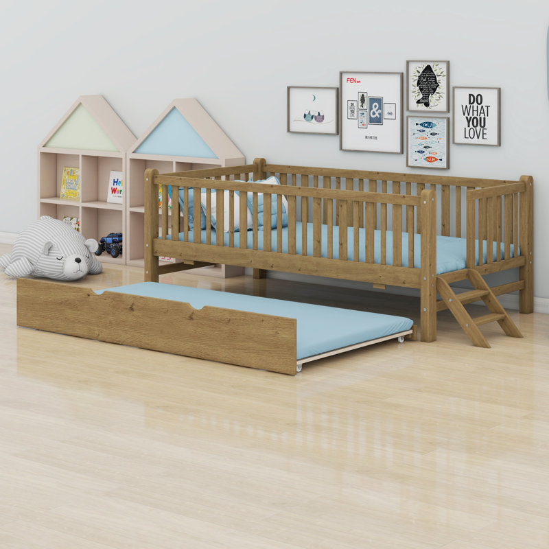 Wood Platform Bed With Guardrail And Trundle, Walnut