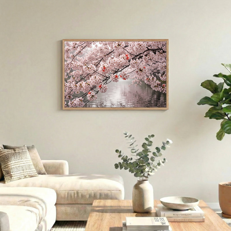 Art mural sur toile de fleurs de cerisier rose sur un lac, H 24 po x l 36 po
