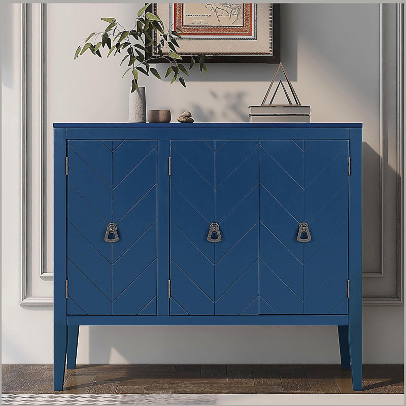 Adjustable Shelf Storage Sideboard with 3 Retro Metal Handles and 4 Pinewood Legs, Navy Blue