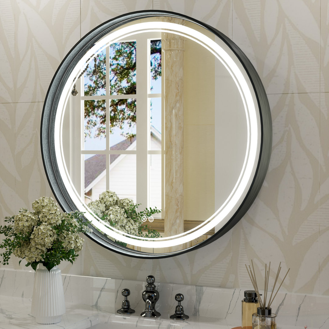Lawnmount Round Vanity Mirror LED Lighted Metal Wall Mirror Dimmable Bathroom Mirror Latitude Run®