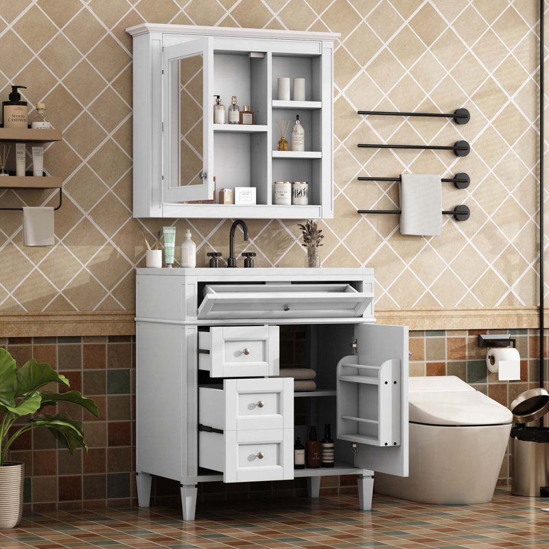 Meuble-lavabo 30 po avec lavabo supérieur et armoire à miroir, Blanc