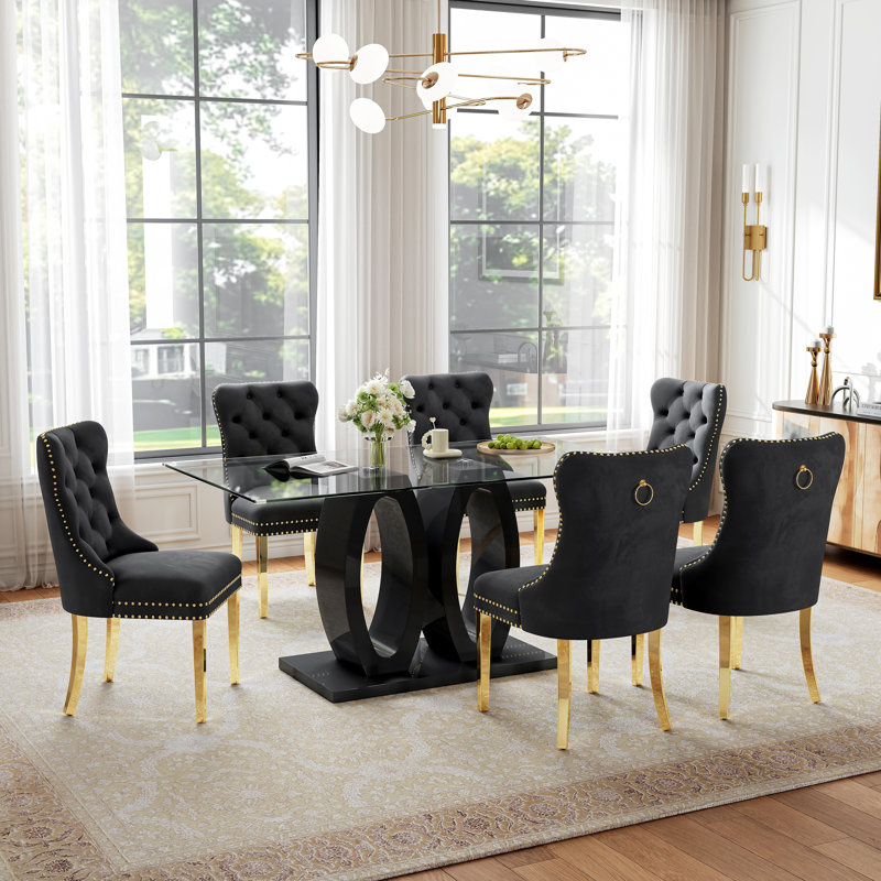 63" Rectangular Glass Dining Table Set, Clear Tempered Glass Top, Double O-Shaped Base, Velvet Upholstered Chairs with Stainless Steel Frames