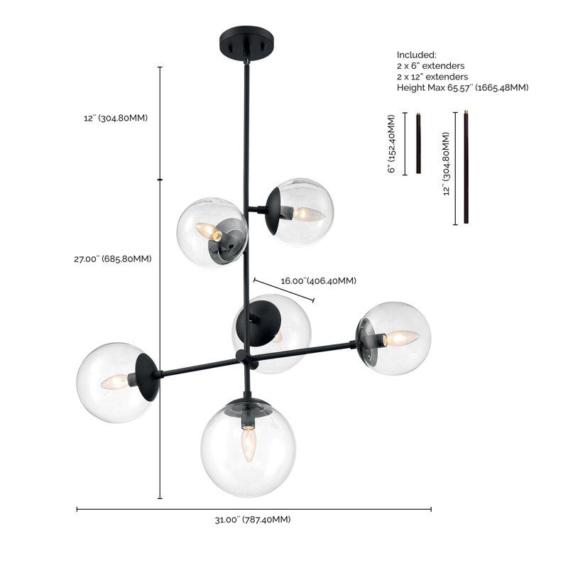 Lustre linéaire moderne Spoutnik à 6 lumières Arverne, Noir mat