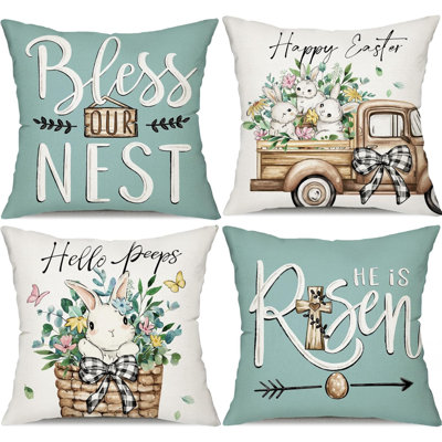 Easter Pillow Covers 16X16 Set Of 4 Bunny Eucalyptus Leaves Decorations Truck Sweet Home Spring Farmhouse Pillow Covers, Polyester Cushion Case Gifts For Home Decor 175D