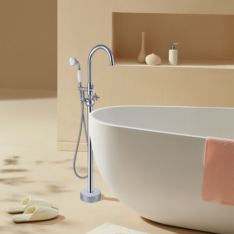 Triple Handle Floor Mounted Tub Filler With Handshower, Chrome