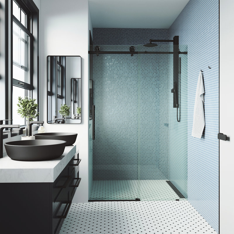 Cass 56-60" W x 76" H Sliding Frameless Shower Door with 3/8" Clear Glass, Matte Black