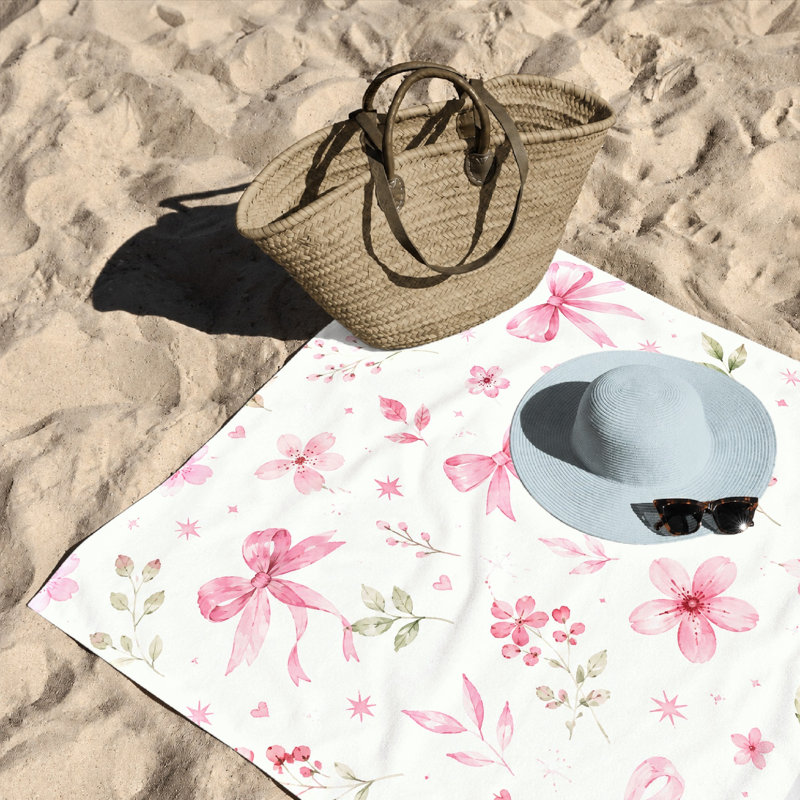1 pièce, joli nœud rose et serviette à motif floral, avec des rubans de fleurs aquarelles délicates sur fond blanc, parfait pour la plage, la natation, les voyages, les unisexes