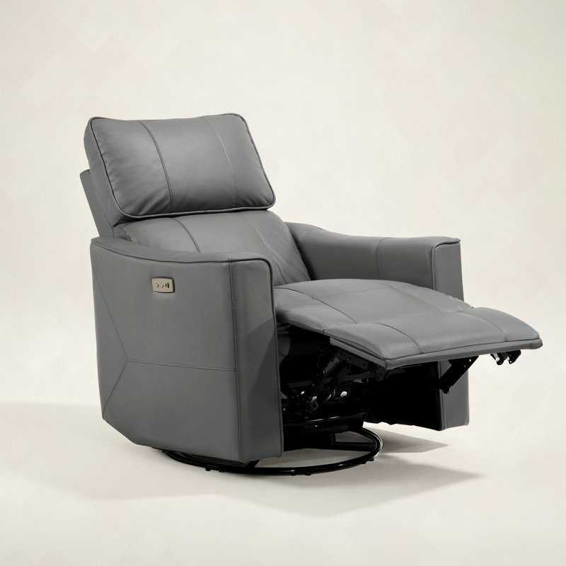 Inniss 31.7" Wide Genuine Leather Modern Power Recliner with Swivel and Glider, Gray