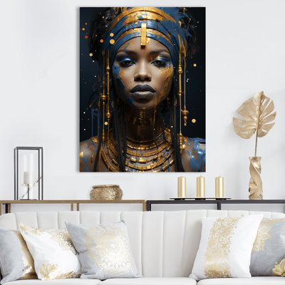 Blue And Gold African Woman Goddess II - African Woman Wall Art
