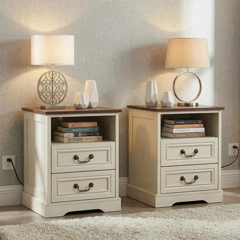 Tables de chevet 19 po avec station de charge Farmhouse, ensemble de 2 tables de chevet avec 2 tiroirs et armoire ouverte, table de bout de salon polyvalente ou rangement de bureau, blanc rustique