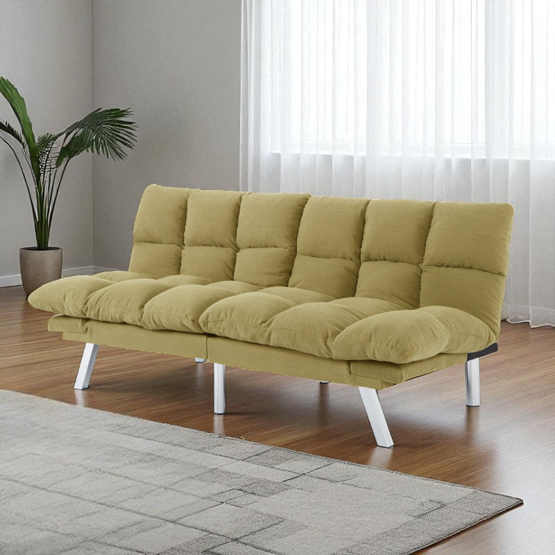  Perdue 67" Corduroy Convertible Futon Sofa Bed With Adjustable Backrest & Armrests, Metal Legs For Small Apartment, Yellow