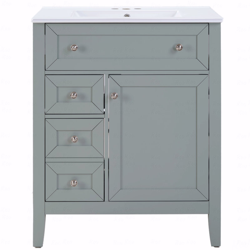 Meuble-lavabo en bois massif avec lavabo encastré en céramique - Glissières de tiroir à fermeture en douceur 12 po, bac rabattable + tiroir simple + tiroir de rangement, tablette réglable