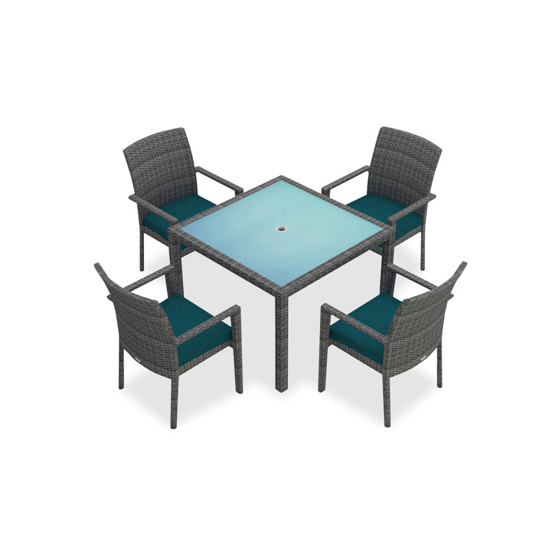Urbana Outdoor 5 - Piece Dining Set with Cushions, Spectrum Peacock Sunbrella® Plainweave, Coffee Bean, 4