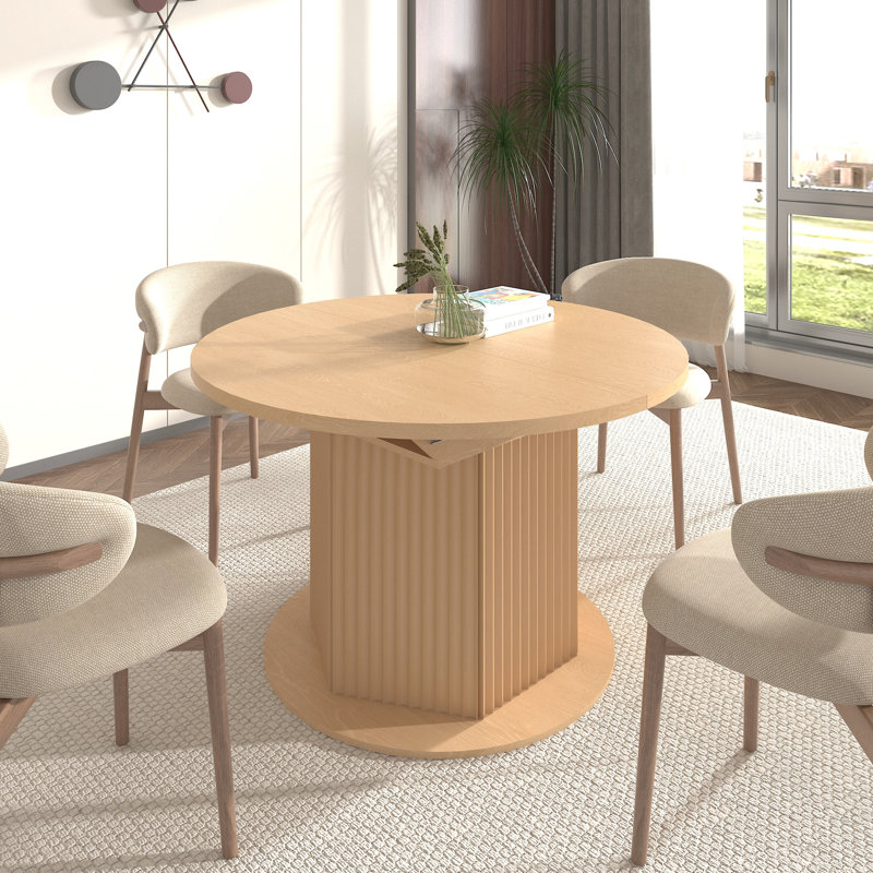 Table ronde en bois élégante pour 4 à 6 personnes, piètement texturé, en bois d'hévéa, table de salle à manger conviviale, table hexagonale extensible 6 places