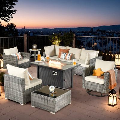 Wicker 6 - Person Outdoor Seating Group With Cushions With Fire Pit Table And Swivel Rocking Chairs