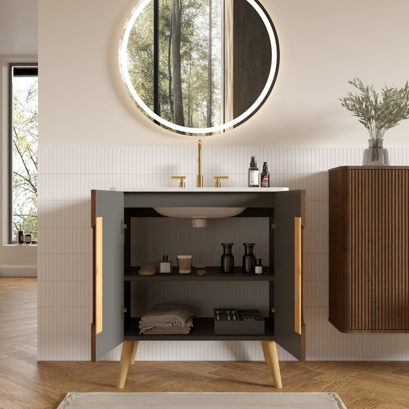 Meuble-lavabo 30 po en noyer rayé avec lavabo en céramique blanc de Carrare avec trois trous de robinet, grand meuble-lavabo autoportant pour salle de bain moderne, KD