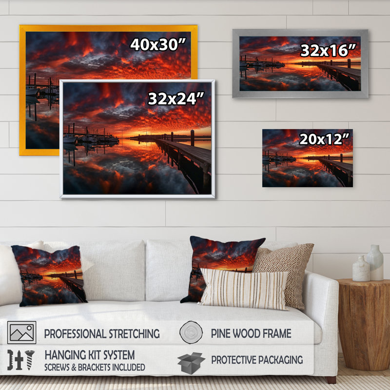 " Sunset Over Port I ", 12" H x 20" W x 1" D, Black Floater Framed