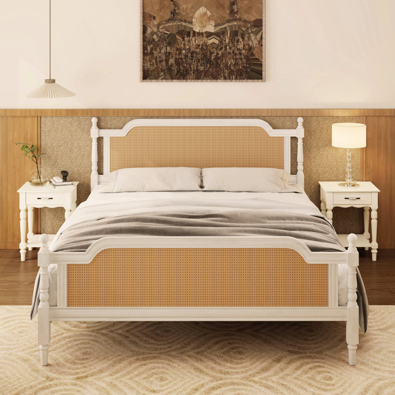 Traditional Style Rattan Queen Size Bed Frame,No Box Spring Needed,Antique White