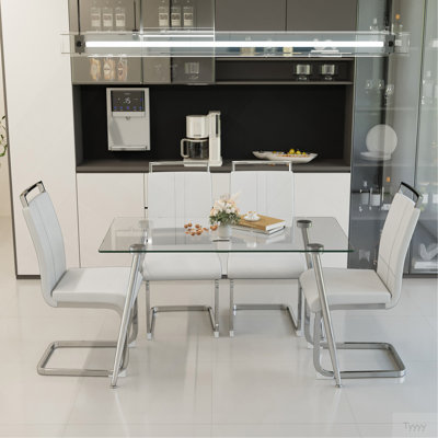 51 Inch Glass Dining Table Set For 4, Dining Table & Chair Sets With Silver Plating Legs For Kitchen, Modern Rectangle Tempered Glass Table Top And  PU Dining  Armless Chair For Dining Room
