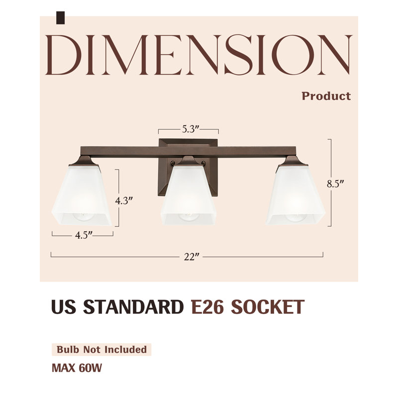 3 - Light Dimmable Farmhouse Vanity Light, Frosted White Square Glass, Oil-Rubbed Bronze Finish