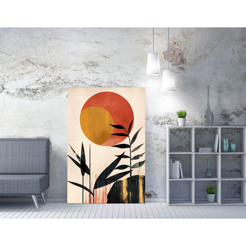 Minimalist Boho Sun with Bamboo Foliage Canvas Wall Art, 91.44cm H x 60.96cm W