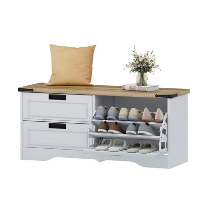 Bench with Shoe Storage for Entryway, Wooden Shoe Benches with Flip Door and Drawers, Entry Way Shoes Organizer Cabinet for Living Room Mudroom, (Rust