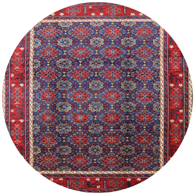 Tapis géométrique rouge / bleu / beige, Rond 5 pi