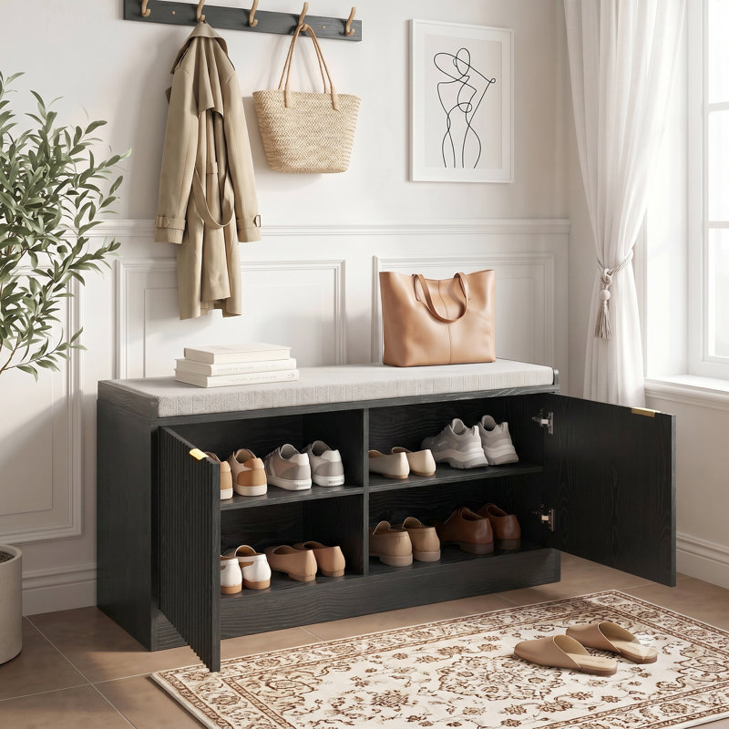 39" Wide Storage Bench with Padded Seat Cushion, Spacious Shoe Bench with 2 Doors and Adjustable Shelf for Entryways, Bedrooms, and Living Rooms