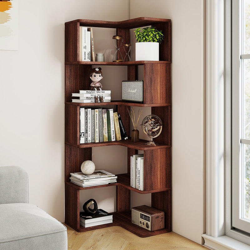 5-Tier Corner Bookshelf, 62.2" Tall Wooden Bookcase with Baffle, Large Modern Display Rack for Living Room, Home Office Storage, Walnut