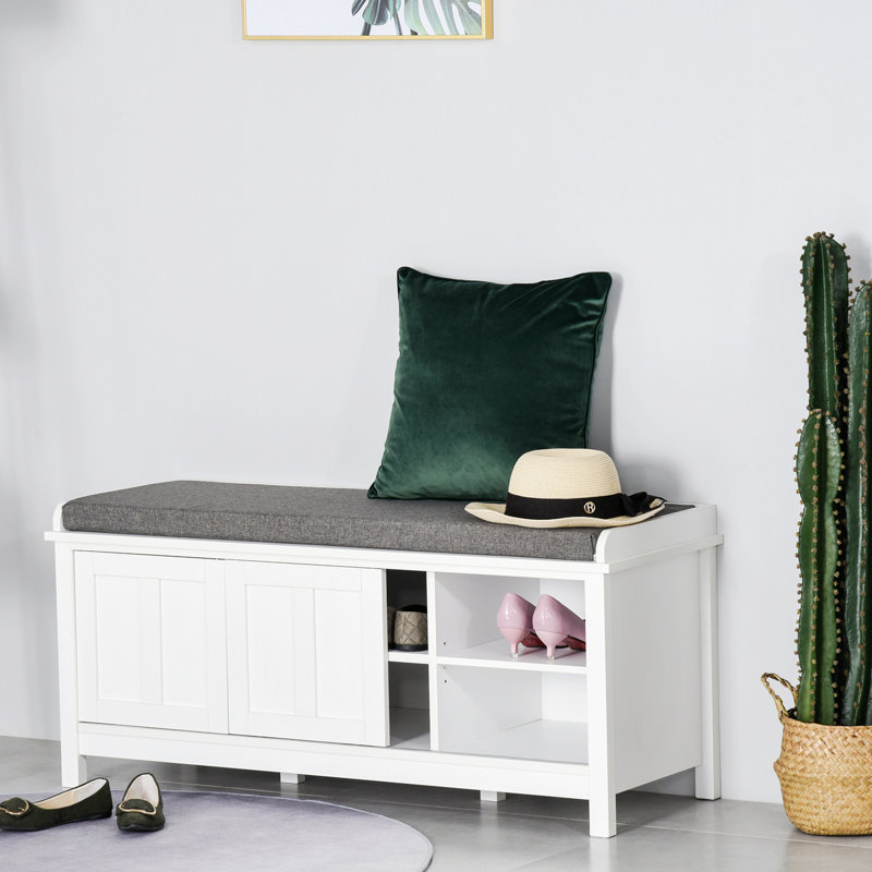 Entryway Shoe Bench, Storage Ottoman Bench With Adjustable Shelf, White