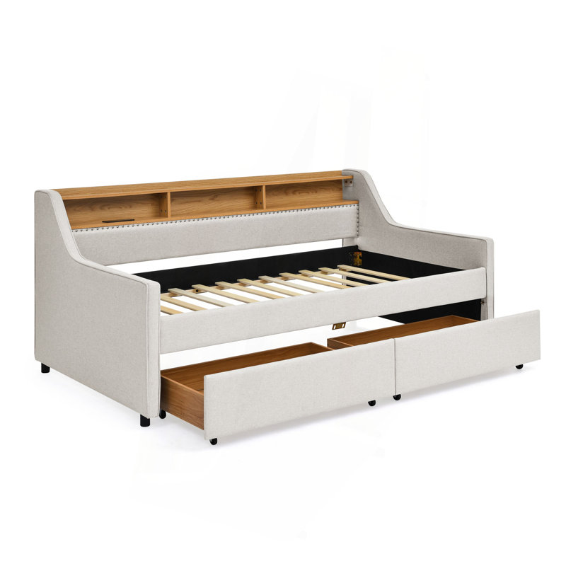 Canapé-lit simple rembourré avec trois lumières DEL, tête de lit réglable avec rangement, deux tiroirs de rangement et chargement sans fil, cadre de canapé-lit rembourré en lin, beige