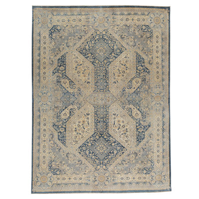 Tapis unique noué à la main bleu / beige de haute qualité