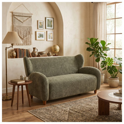 Causeuse 58 po de style nordique en chenille vert olive avec structure en bois de bouleau