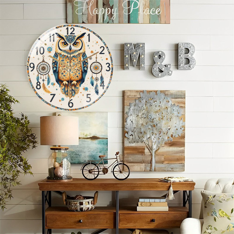 Horloge murale hibou avec attrape-rêves - art moderne 12 po