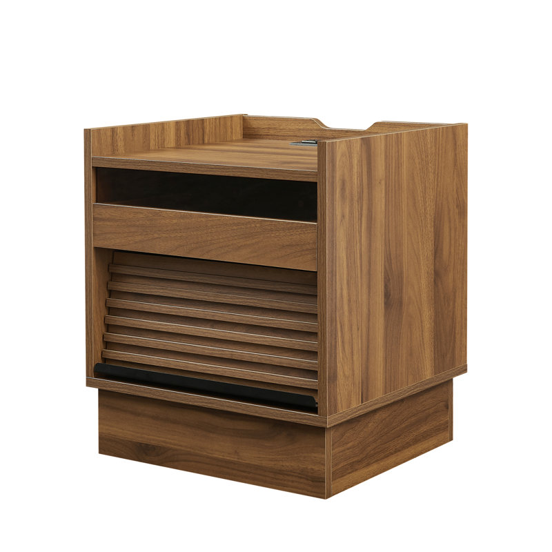 Table de chevet moderne de style Mid-Century brun avec station de charge, lumières à DEL avec sélection de couleur, 2 tiroirs pour l'organisation de la chambre à coucher, assemblage rapide dans la conception, divers et motif