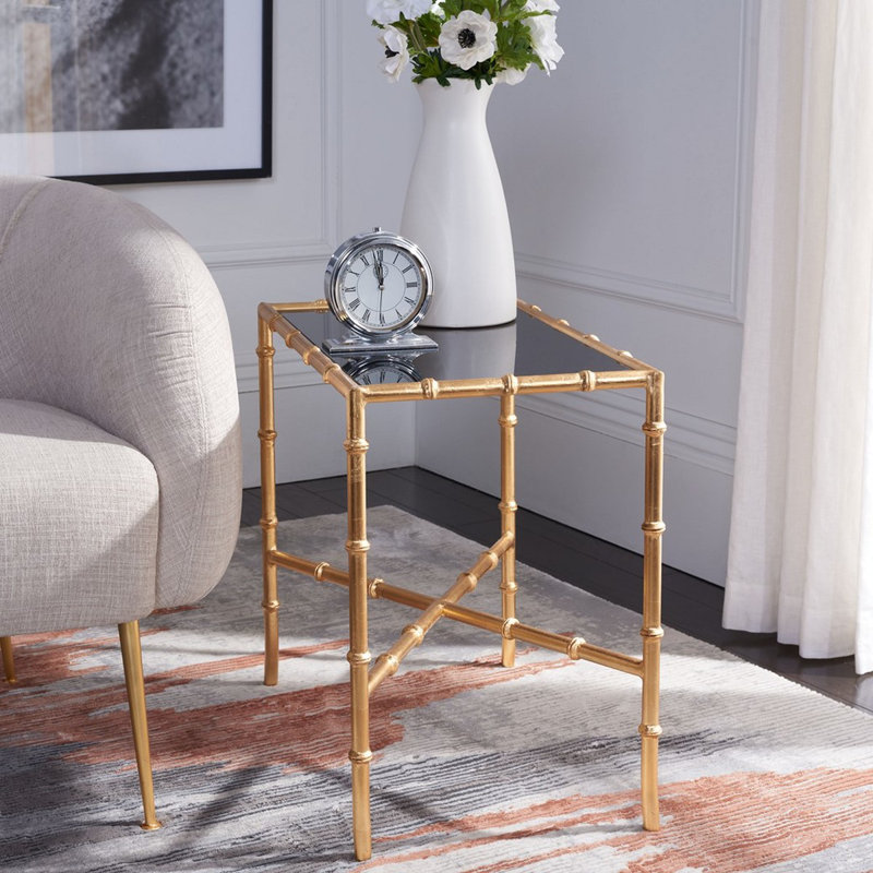 Stylish Chandler Glass Top End Table –Elegant Gold Metal Frame with Curved Legs, Crossed Base Accent