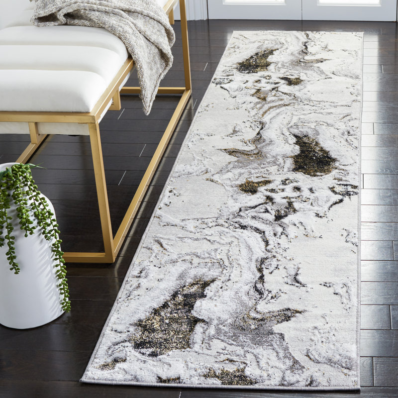 Kira Abstract Gray/Gold Area Rug, Runner 2' x 6'