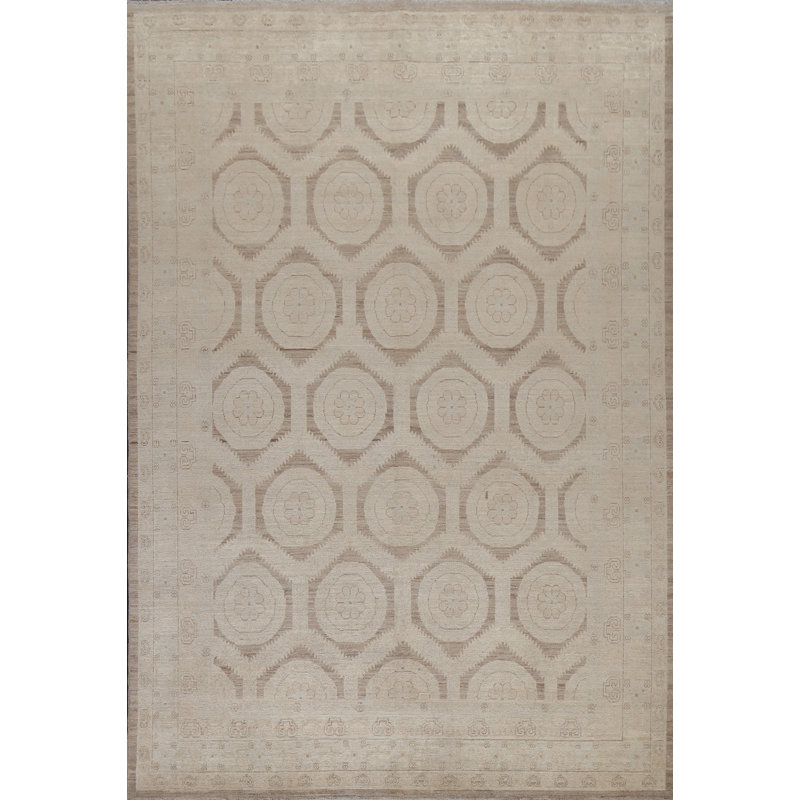 Tapis beige en laine noué à la main de conception unique 7 pi 9 po x 9 pi 9 po New Age