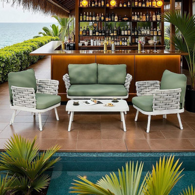 Ensemble de canapé d'extérieur Coastal Luxe - Structure en acier thermolaqué de qualité supérieure et conception de corde tissée à la main | Ensemble de sièges de patio Mid-Century avec coussins profonds