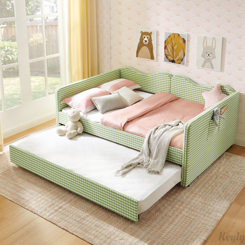Lit de jour rembourré avec couchette et poche de rangement, Double, Vert