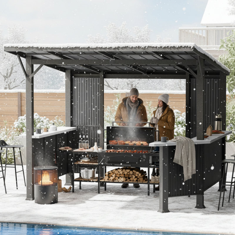 10’×10‘ Heavy-Duty Outdoor Iron BBQ Gazebo with Reversible Side Shelf & Sloped Roof