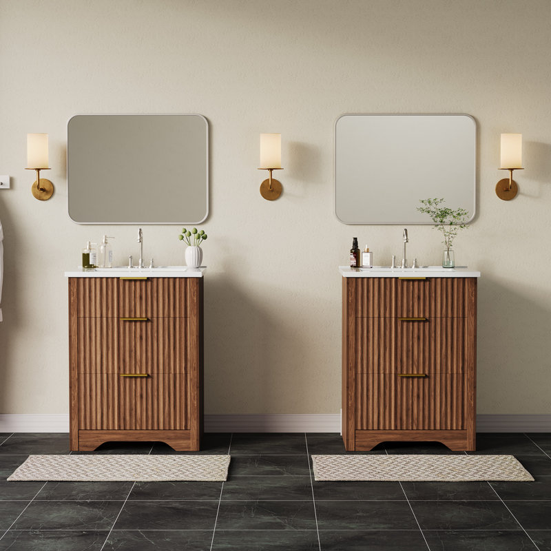 24" Modern Farmhouse Bathroom Vanity with Ceramic Sink, Freestanding Vanity Cabinet with 2 Drawers & 1 Flip-Down Drawer, Fluted Bathroom Storage Combo Set, Walnut