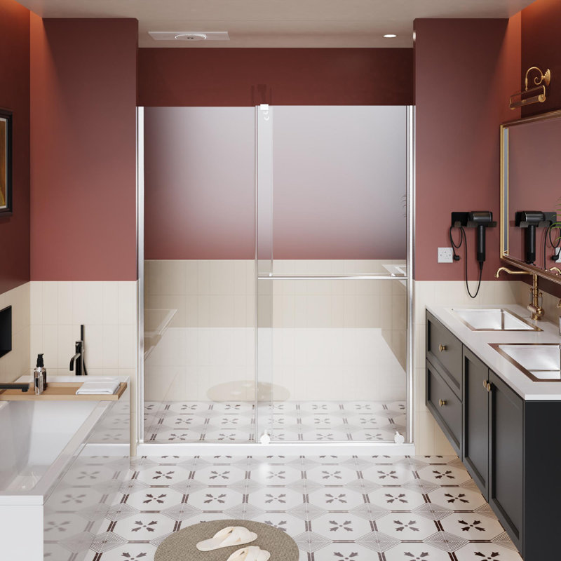 Glass Shower Door, 30 - 60 in.W x 72 in.H Shower Sliding Door Walk-in Shower Screen Dual Usage,1/4 Inch Thick Glass Panel with Stainless Steel Handle, Supporting Bar