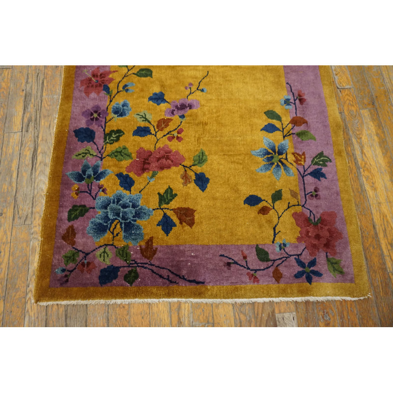 Yellow / Gold Orange Floral Wool Antique 1920s Rectangle Hand Knotted Pile Rug
