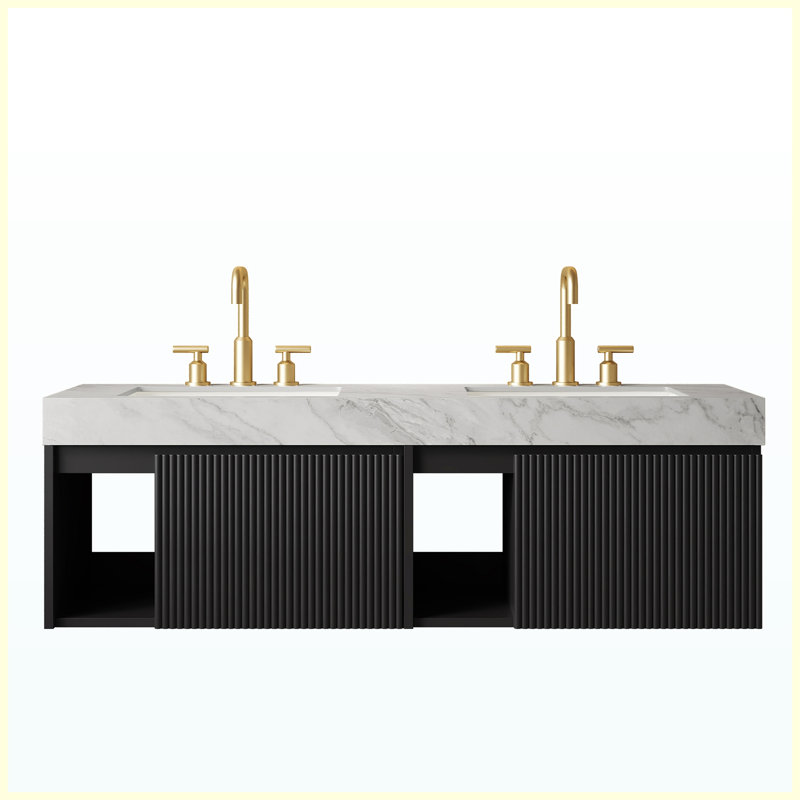 Meuble-lavabo suspendu de 60 po avec lavabo, comptoir en pierre frittée veinée gris Carrara et 2 lavabos en céramique, armoire noire, 3 trous prépercés pour robinetterie