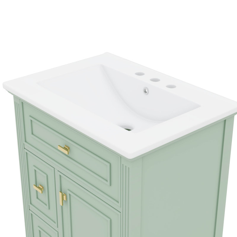 Meuble-lavabo autoportant de 24 pouces avec lavabo - Armoire en bois massif et panneau de fibres à densité moyenne, un tiroir rabattable, deux tiroirs standard, une tablette réglable