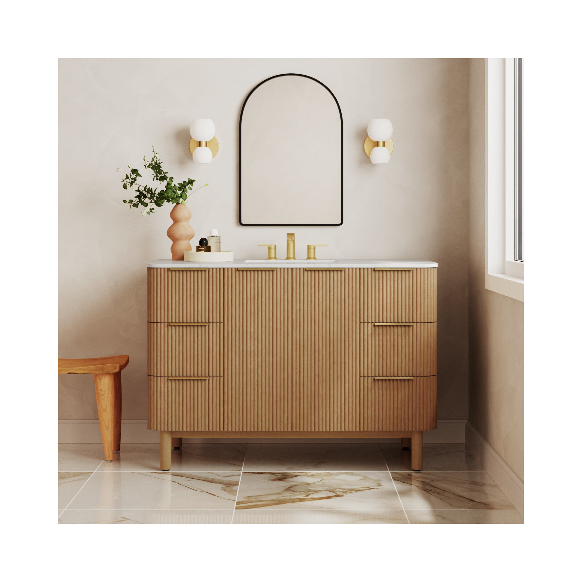 Nova 48" Marble Top Single Sink Bathroom Vanity, Reeded Birch