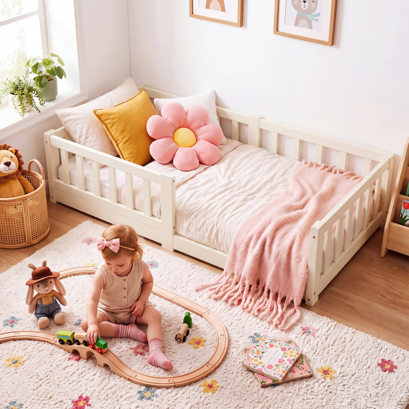 Lit Montessori en pin massif pour tout-petits, cadre de lit bas pour enfants avec barrières de sécurité complètes pour chambre de garçon ou de fille