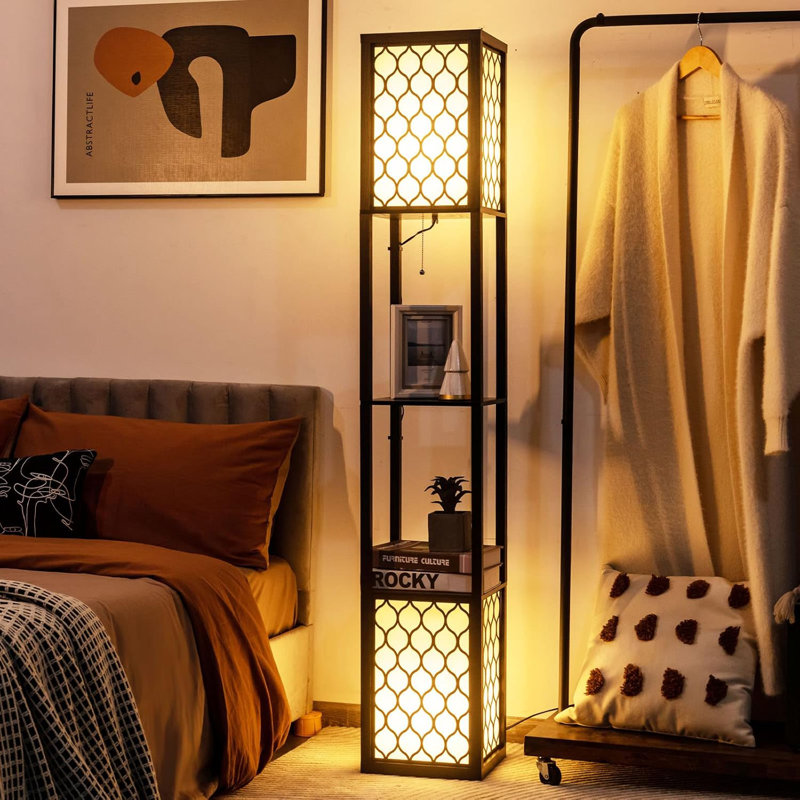 Floor Lamp With Storage Shelves, Linen Shade, Pull-Chain Switch, Etl Approved, Ambient Lighting