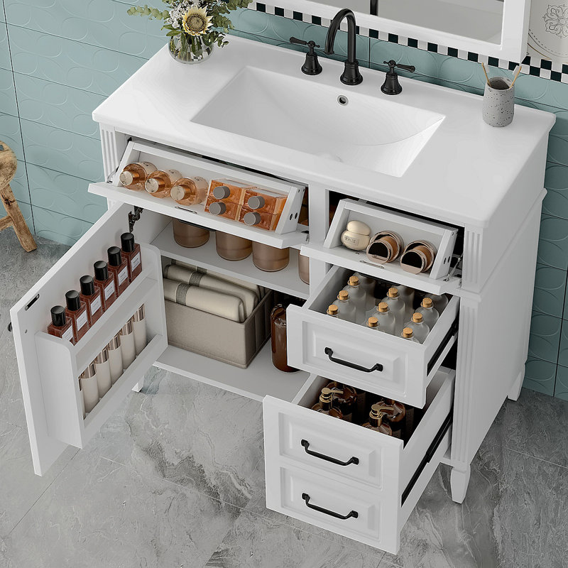 36-Inch Bathroom Vanity With Ceramic Sink Top, Solid Wood Frame And MDF Cabinet, Flip Drawer Design With Adjustable Shelf And Metal Handles, Freestanding Bathroom Storage Cabinet (Faucet Not Included)